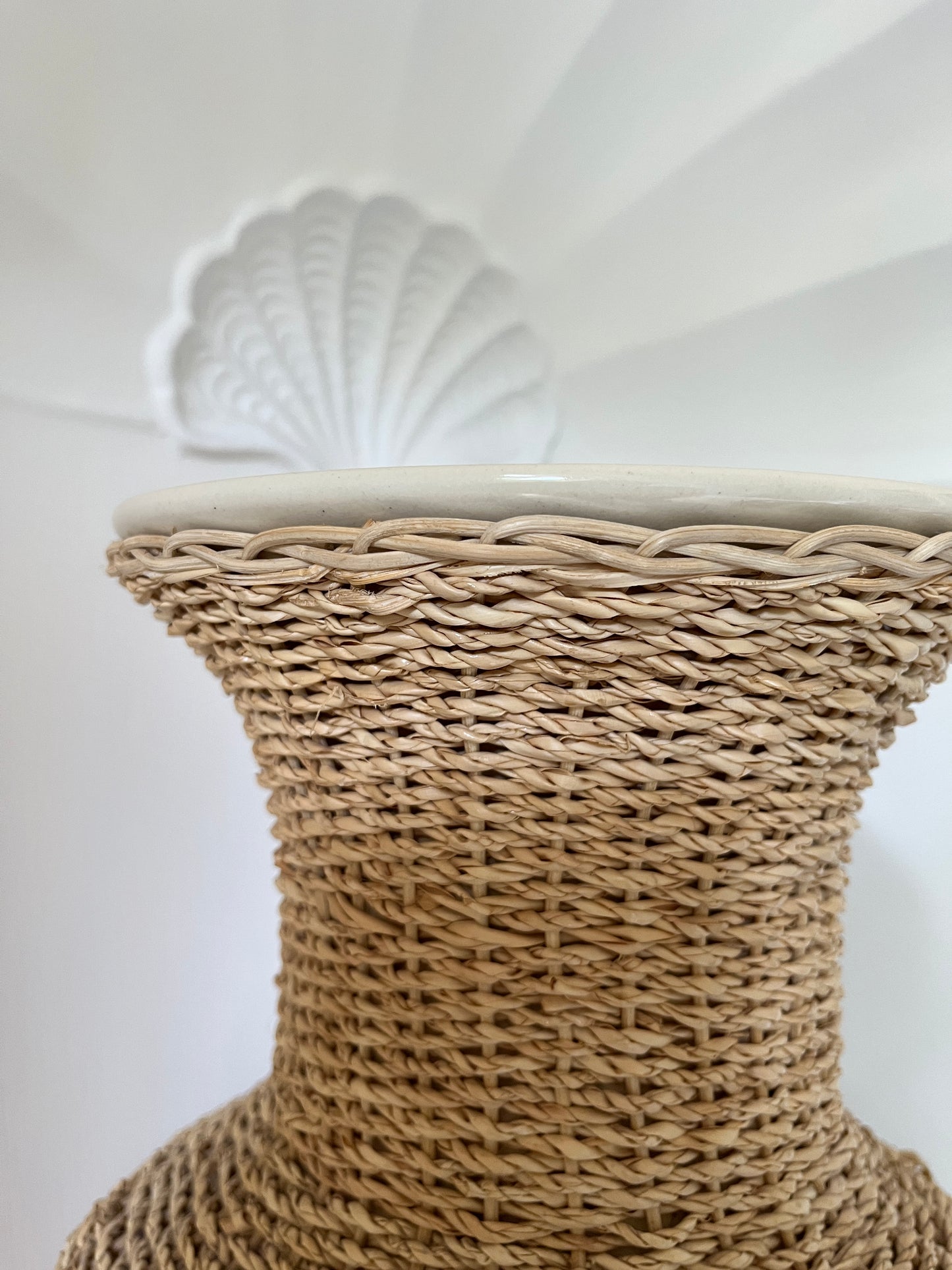 Large Handwoven Rattan & Glazed Pottery Floor Vase – 59cm