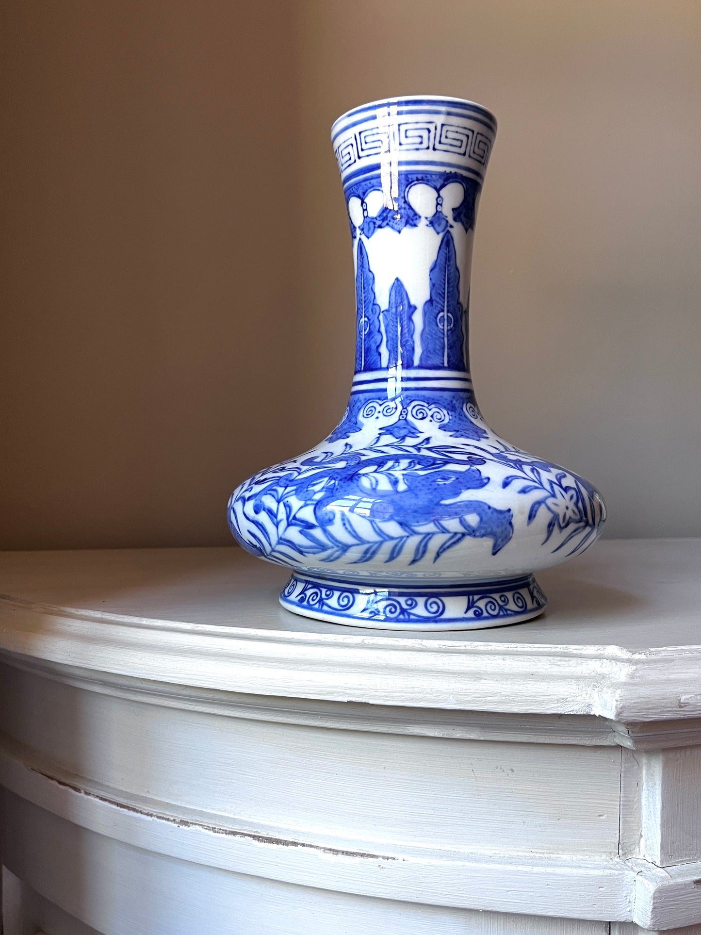 Vintage Chinese Blue & White Phoenix Bottle Vase – 24 cm