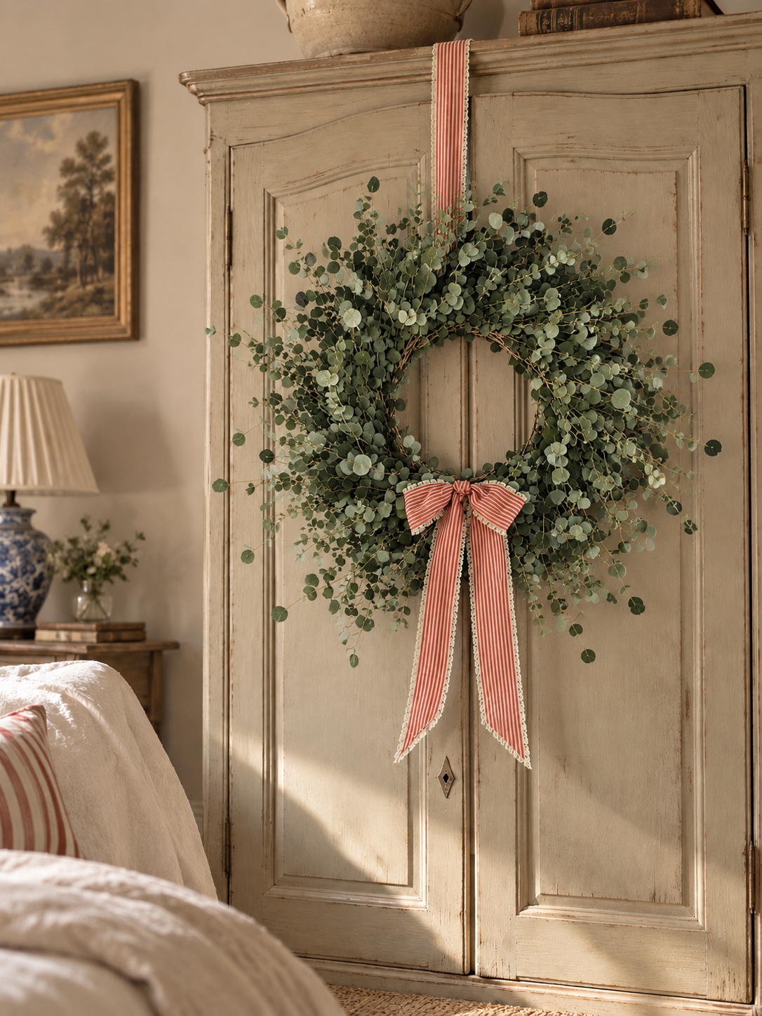 Faux Eucalyptus Wreath with Susie Watson Bow (optional)