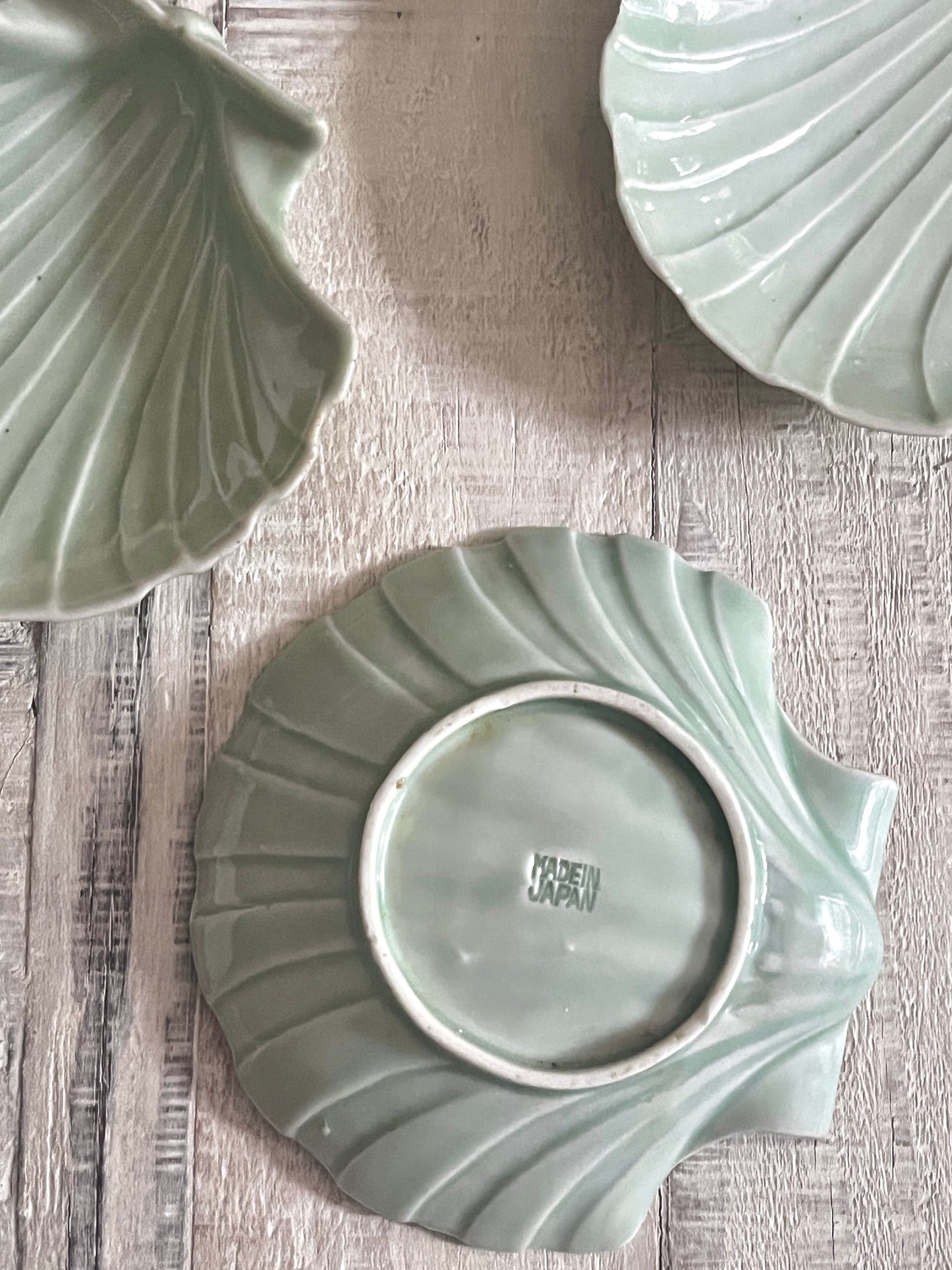 Set of 4 Vintage Japanese Celadon Glazed Scallop Shell Dishes, circa 1970s.