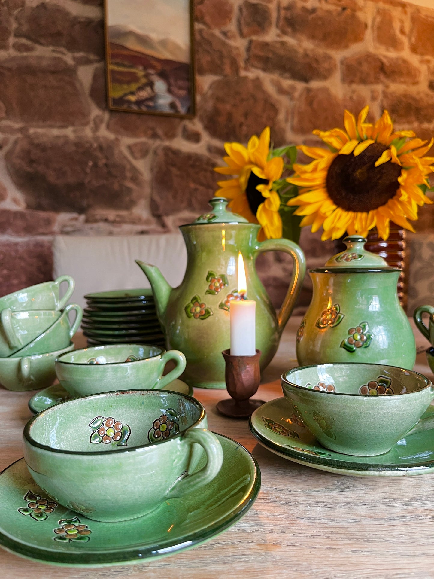 Vintage Guardiola Green Glazed Ceramic Tea Set – 6 Cups & Saucers- Teapot and Sugar Bowl