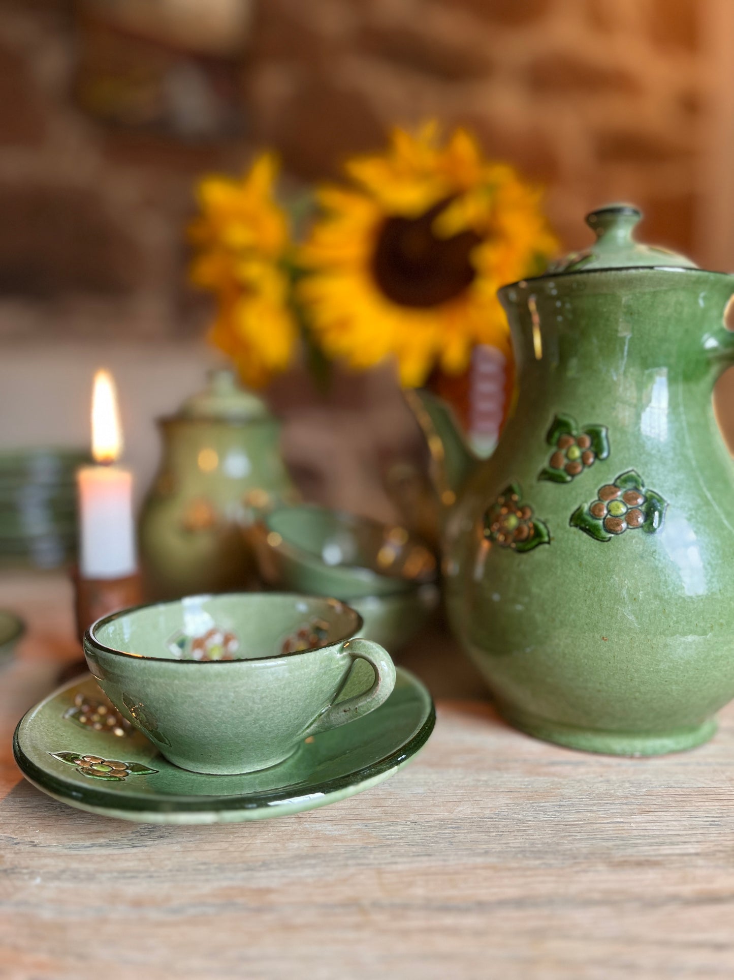 Vintage Guardiola Green Glazed Ceramic Tea Set – 6 Cups & Saucers- Teapot and Sugar Bowl
