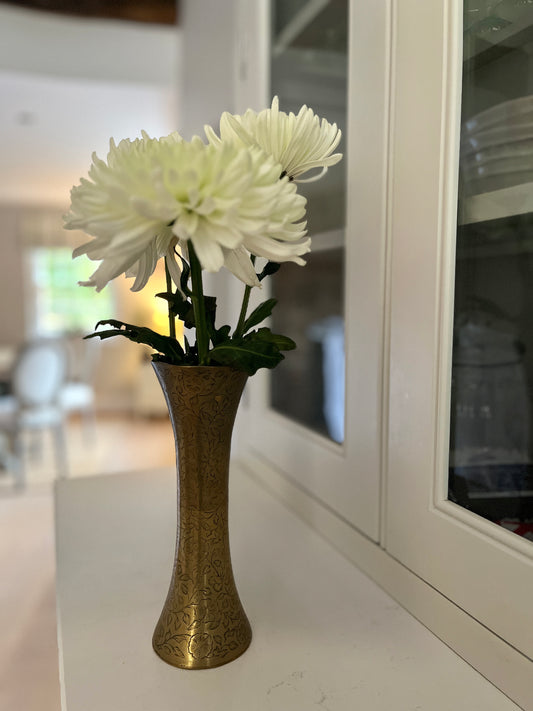 Pair of Vintage Hand Made Brass Engraved Vases