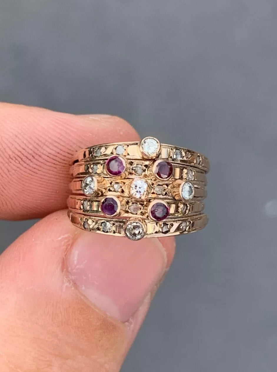 Antique-Vintage Ruby and Diamond Harem Stack Ring