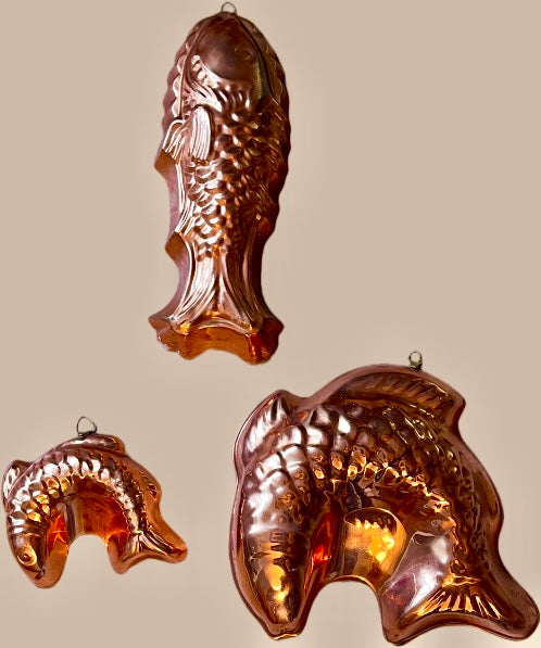 Set of 3 Vintage Copper Jelly or Mousse Moulds with Hooks for Wall