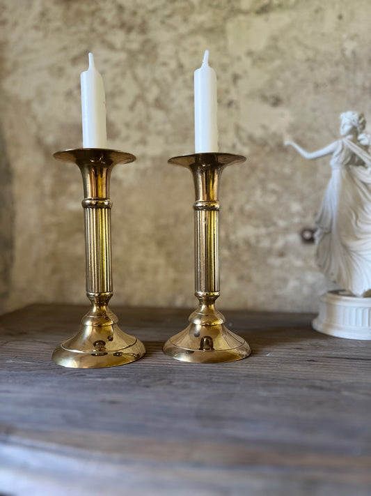 Pair of Georgian Style Brass Candlesticks – Fluted Column – 18.5cm