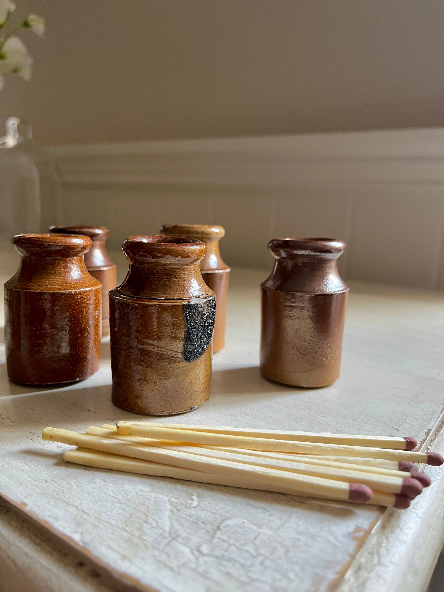 Antique Brown Glazed Ink Bottle Match Holder