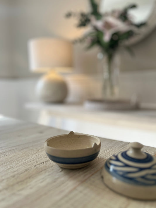 Hand Thrown Blue and Oatmel Glazed Lidded Pot with notches