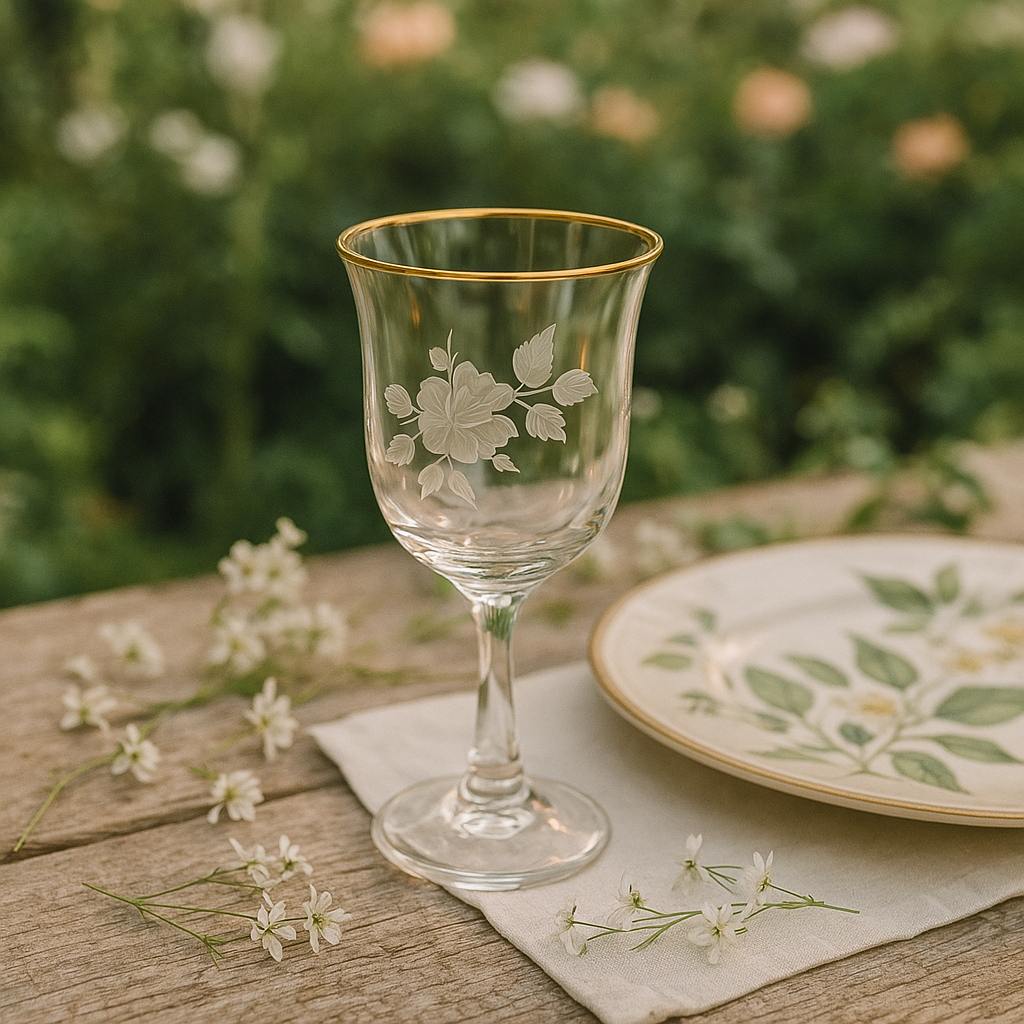 Set of 6 Vintage Etched Wine Glasses with Gold Rims – Fluted Stemware (17cm)