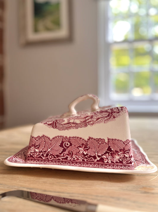 Large Mason’s Vista Ironstone Cheese Dish & Cover Rose Pink Transferware English Vintage