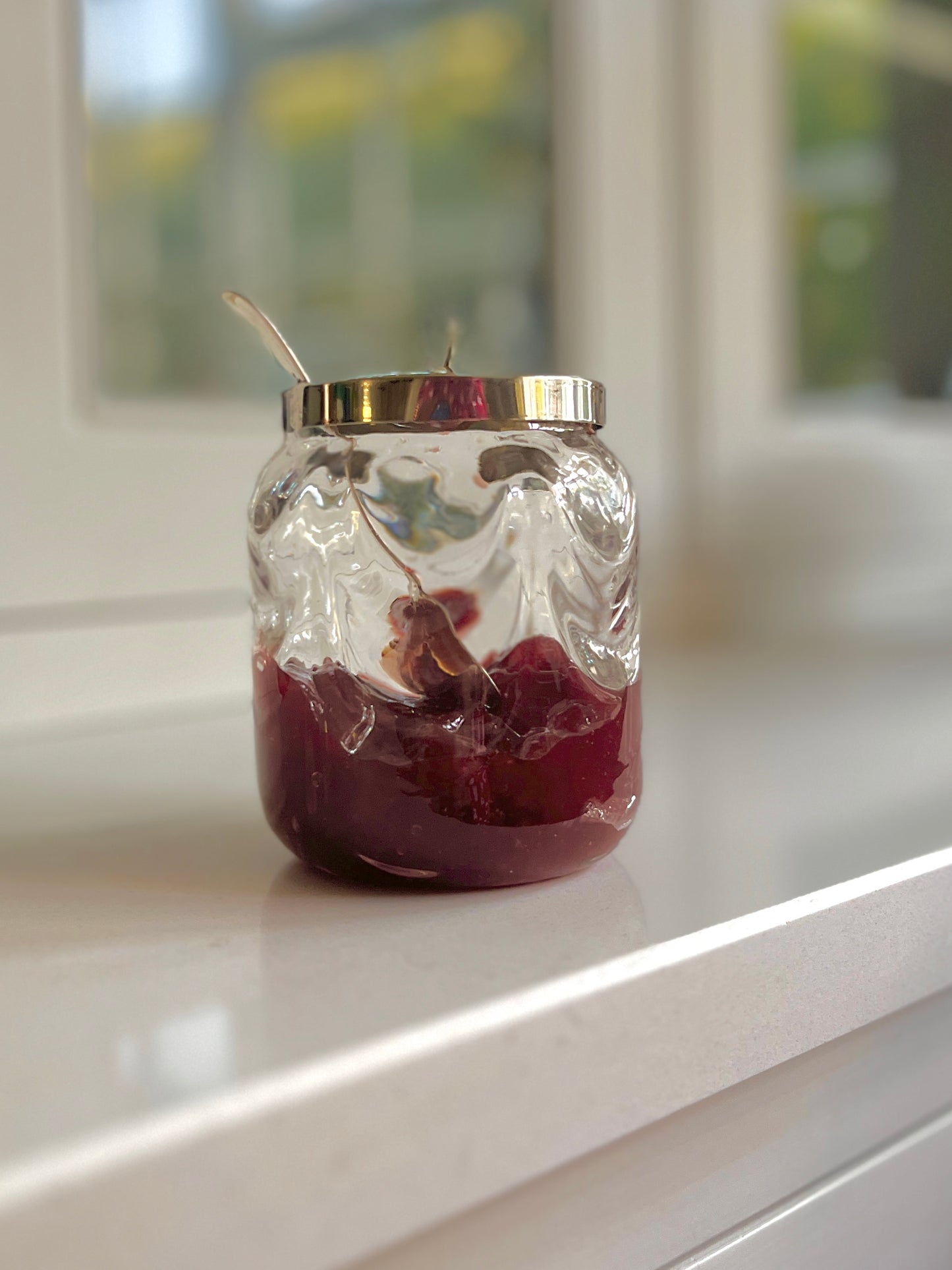 Vintage Heavy Textured Condiment Glass Jam Jar with Silver Plate Lid.