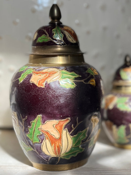 Set of 3 Aubergine Enamelled Brass Ginger Jars – Vintage Decorative Lidded Pots for Shelf & Table Styling