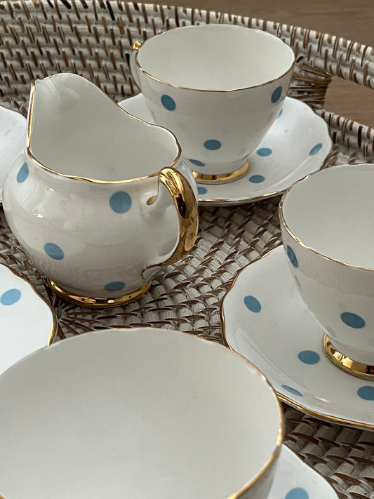 Vintage 12 Piece Vale Blue Polka Dot Tea Set for 4