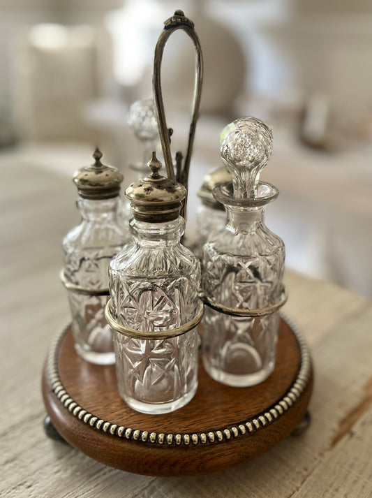 Antique Cruet Set on Wooden Stand