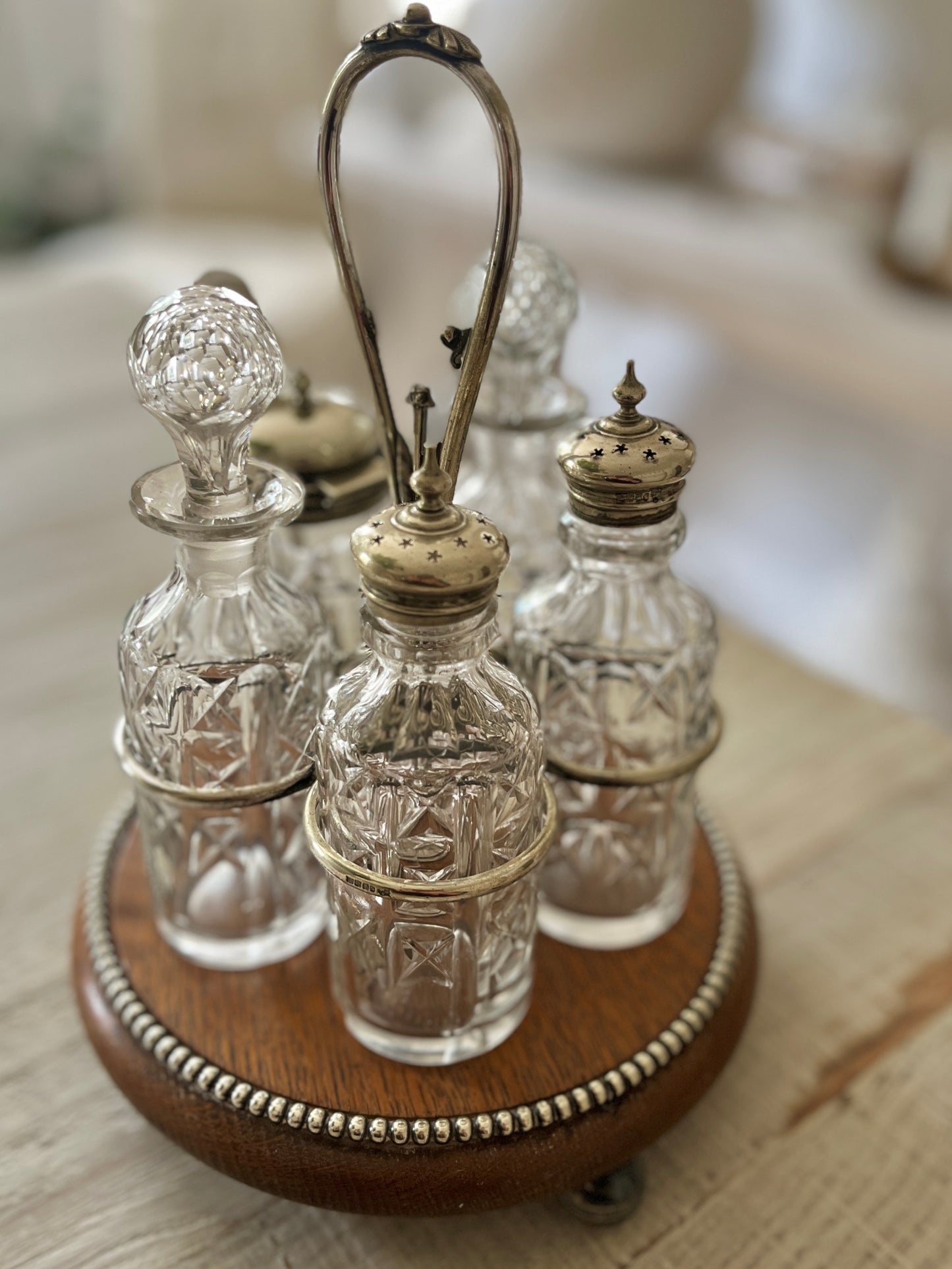 Antique Cruet Set on Wooden Stand