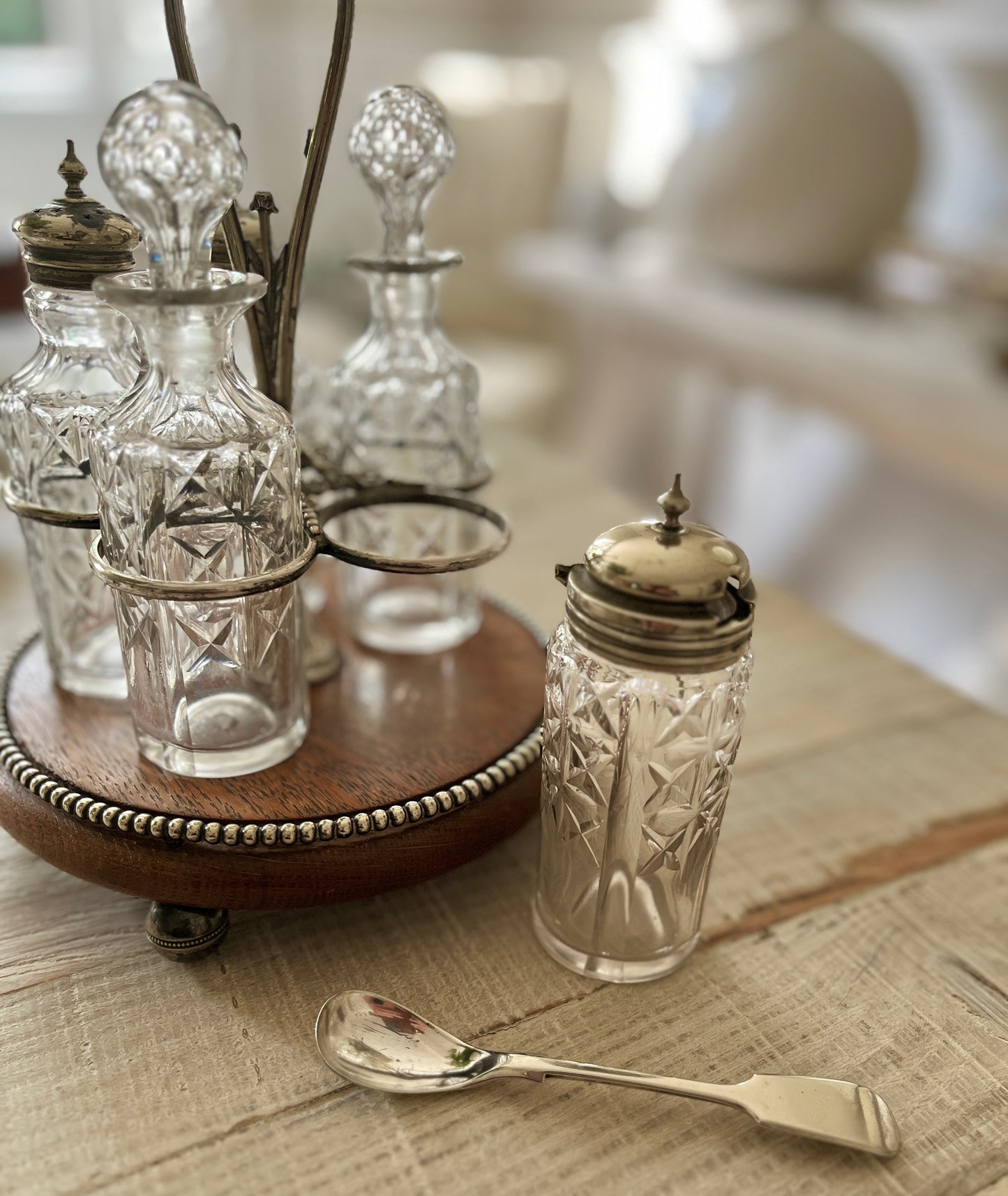 Antique Cruet Set on Wooden Stand