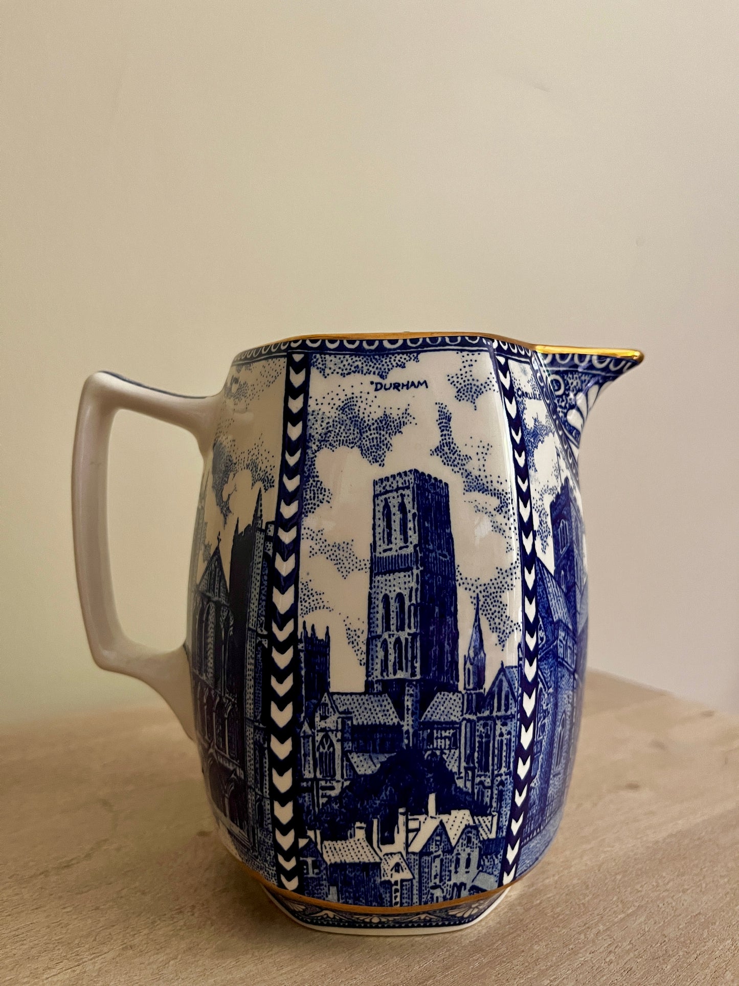 Vintage Ringtons Cathedral Jug by Wade Ceramics – Blue & White Transferware with Gold Trim
