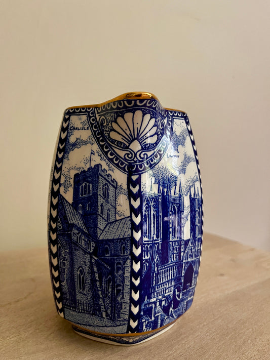 Vintage Ringtons Cathedral Jug by Wade Ceramics – Blue & White Transferware with Gold Trim