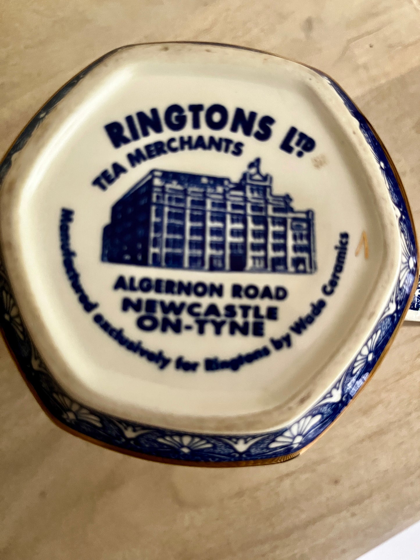 Vintage Ringtons Cathedral Jug by Wade Ceramics – Blue & White Transferware with Gold Trim