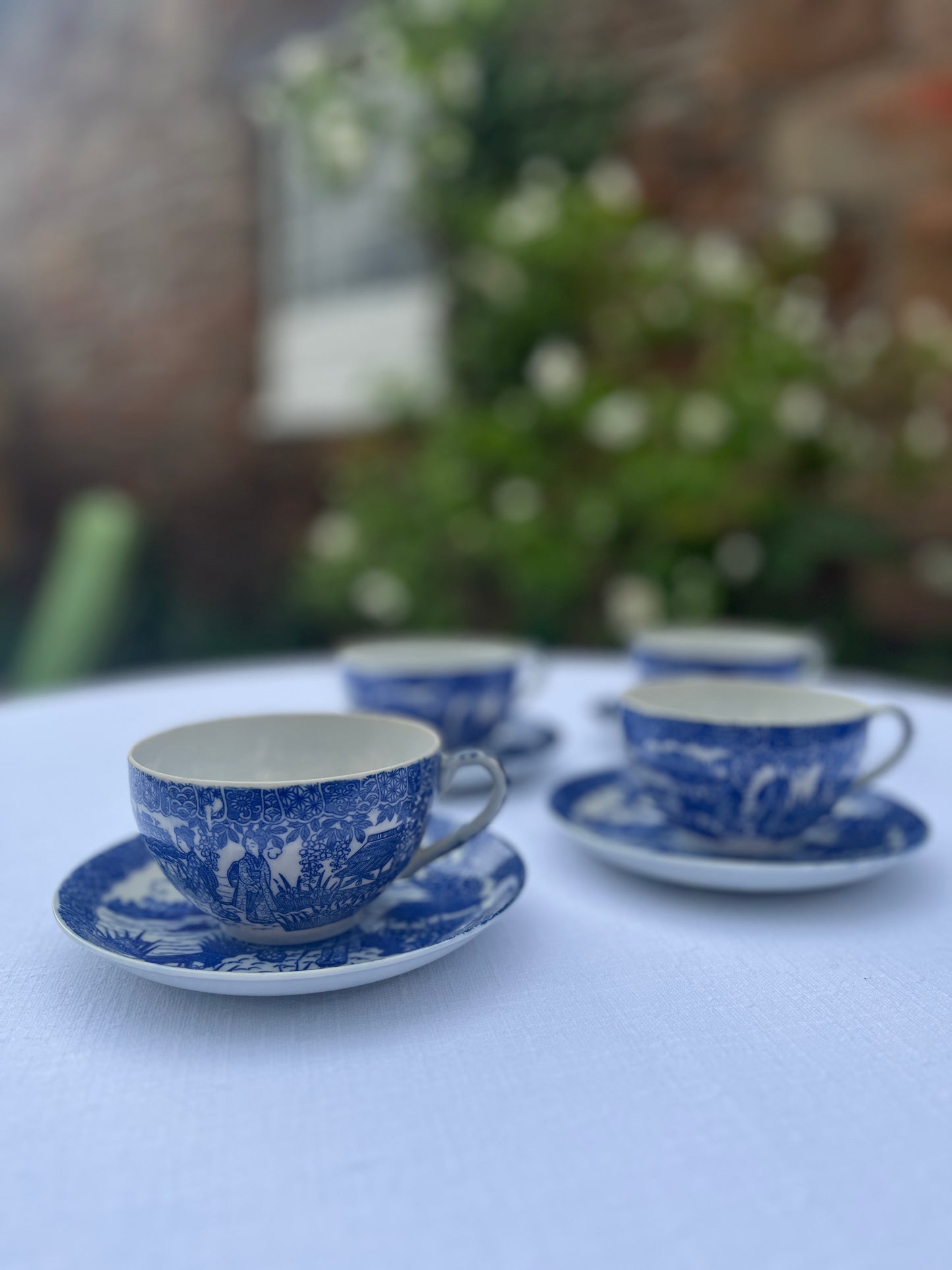 Vintage Blue & White Japanese Porcelain Teacup Set – 4 Cups & Saucers