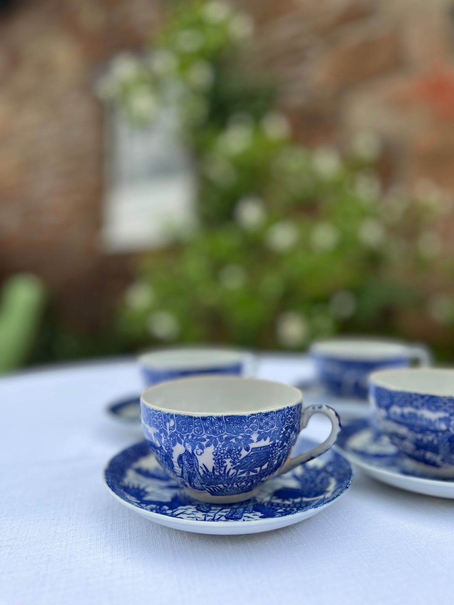 Vintage Blue & White Japanese Porcelain Teacup Set – 4 Cups & Saucers