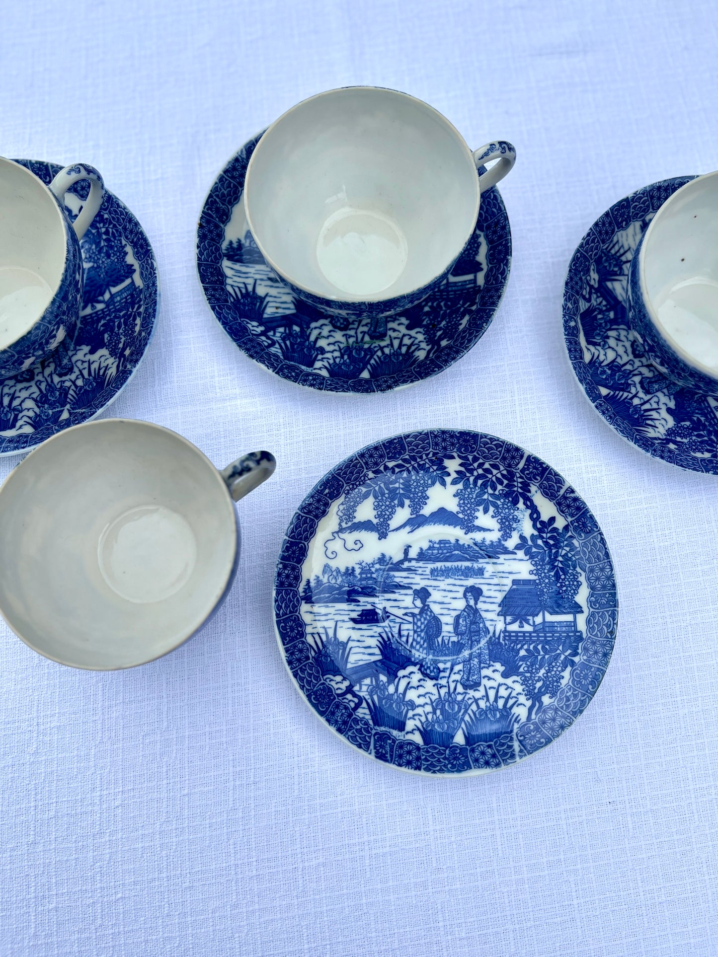 Vintage Blue & White Japanese Porcelain Teacup Set – 4 Cups & Saucers