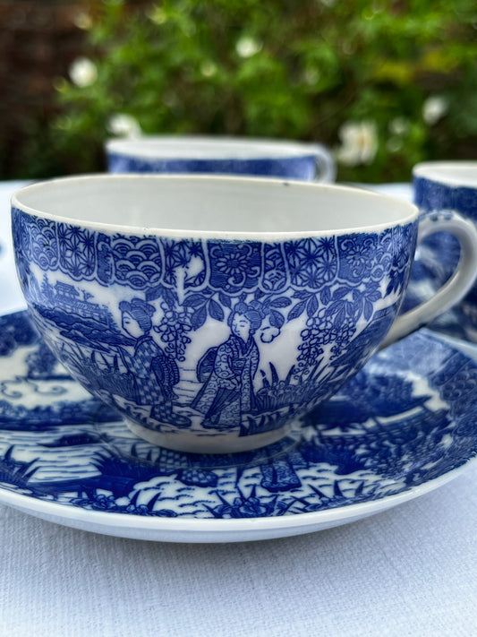 Vintage Blue & White Japanese Porcelain Teacup Set – 4 Cups & Saucers