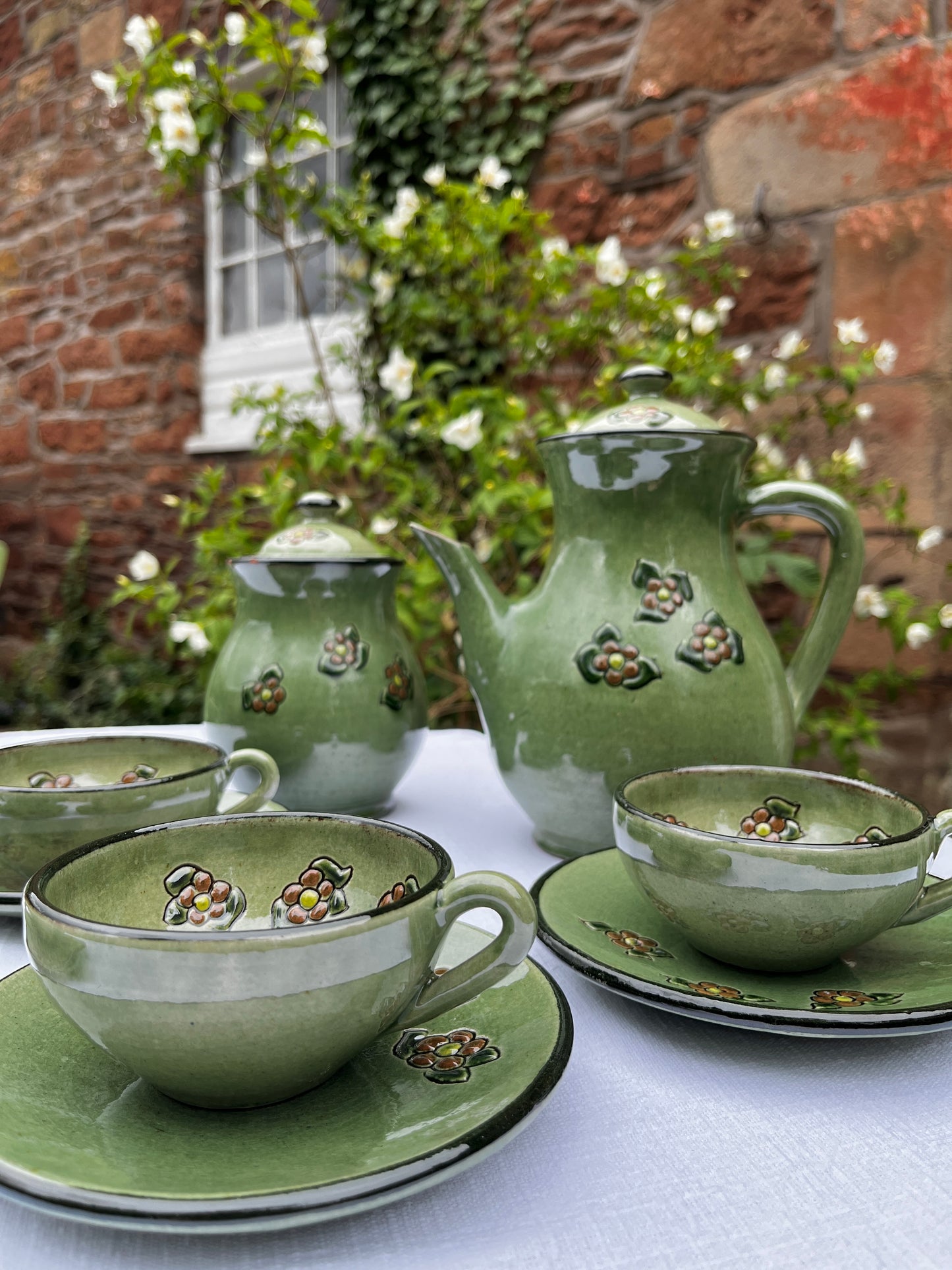 Vintage Guardiola Green Glazed Ceramic Tea Set – 6 Cups & Saucers- Teapot and Sugar Bowl