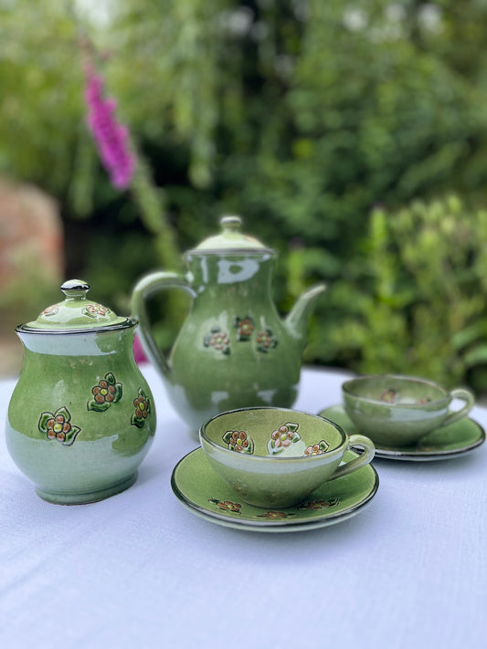 Vintage Guardiola Green Glazed Ceramic Tea Set – 6 Cups & Saucers- Teapot and Sugar Bowl