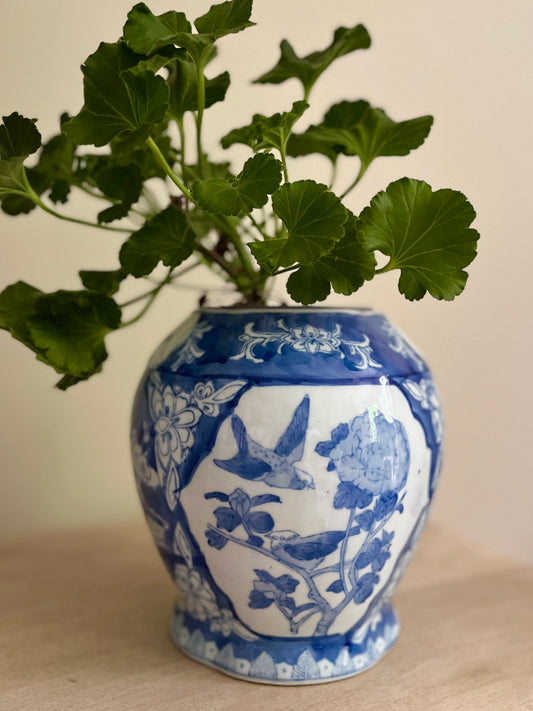 Vintage Chinese Blue and White Porcelain Vase – Hand-Painted Floral and Bird Design