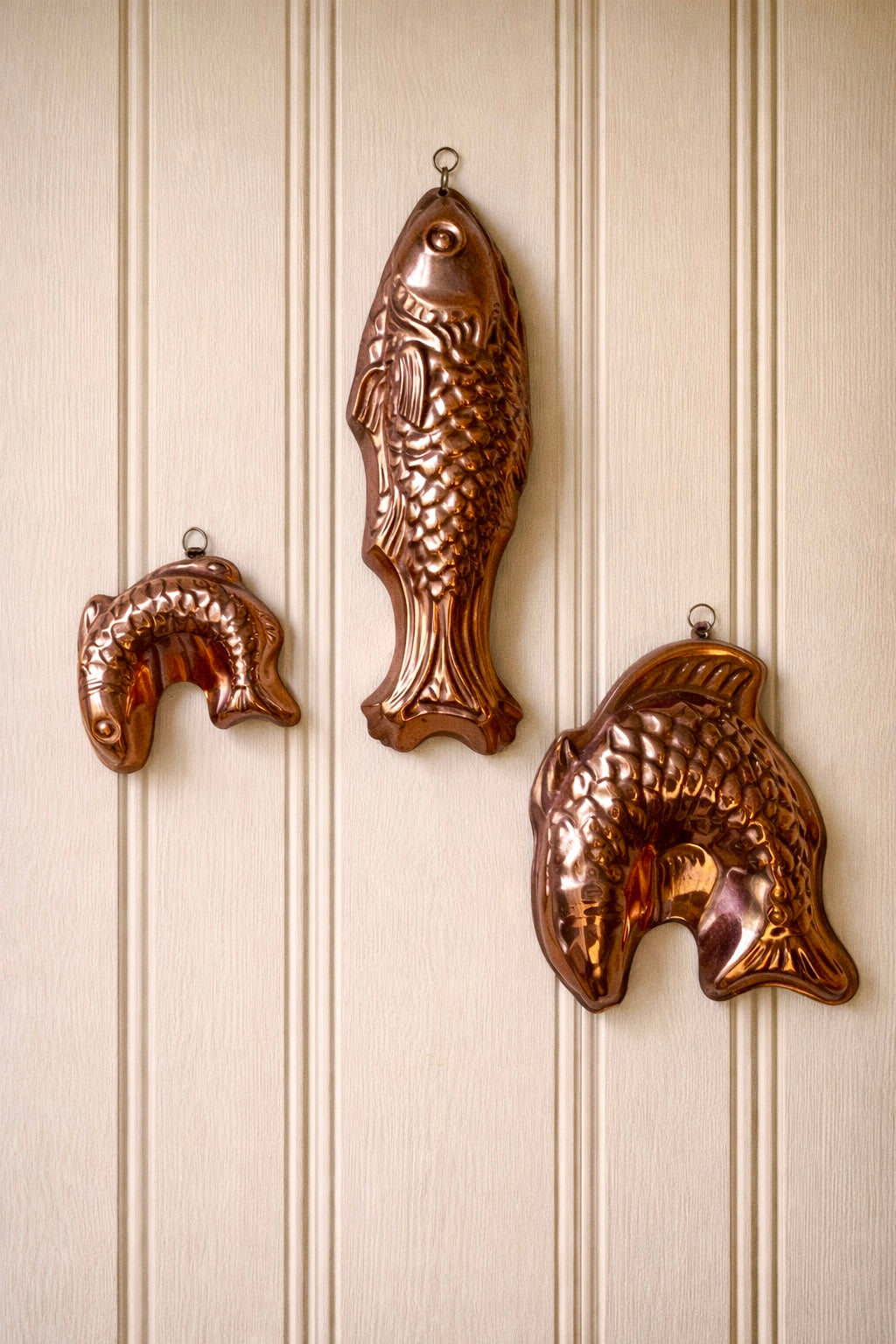 Set of 3 Vintage Copper Jelly or Mousse Moulds with Hooks for Wall