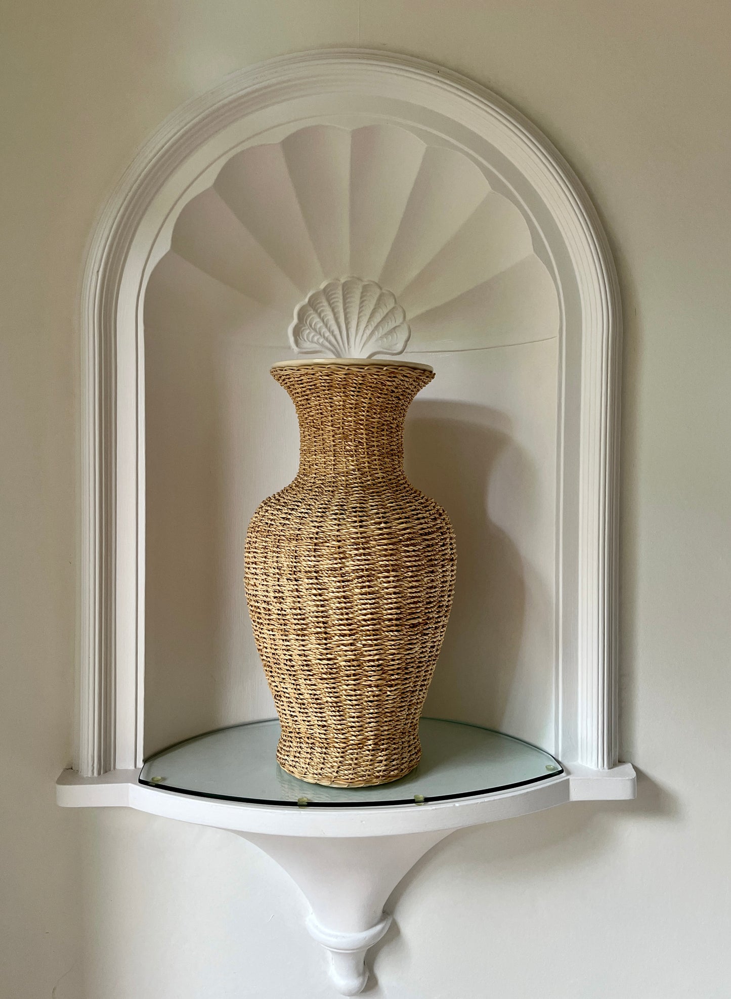 Large Handwoven Rattan & Glazed Pottery Floor Vase – 59cm