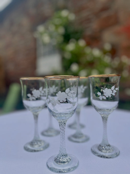 Set of 6 Vintage Etched Wine Glasses with Gold Rims – Fluted Stemware (17cm)