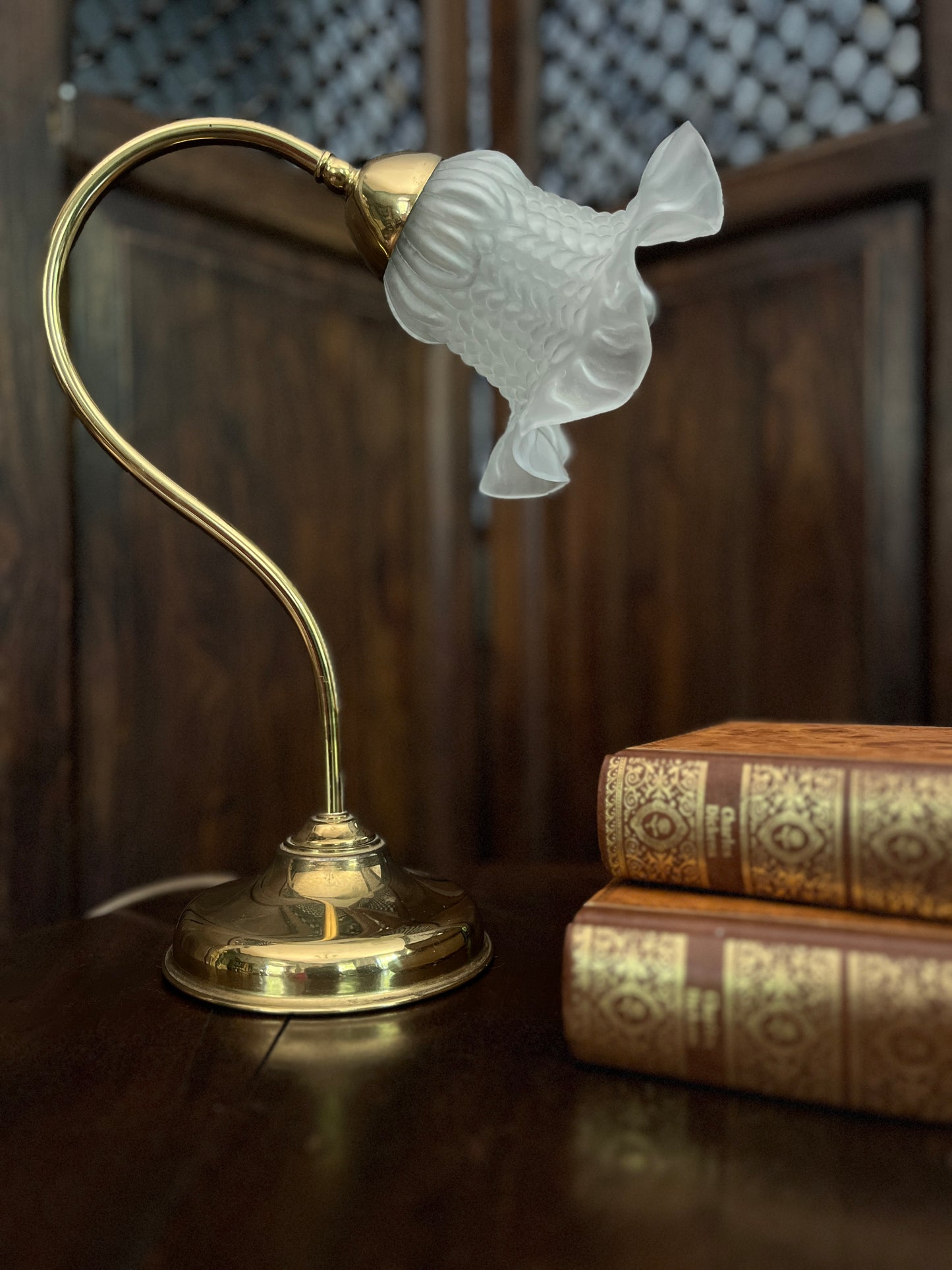 Vintage Brass Table Lamp with Frosted Glass Tulip Shade RESERVED