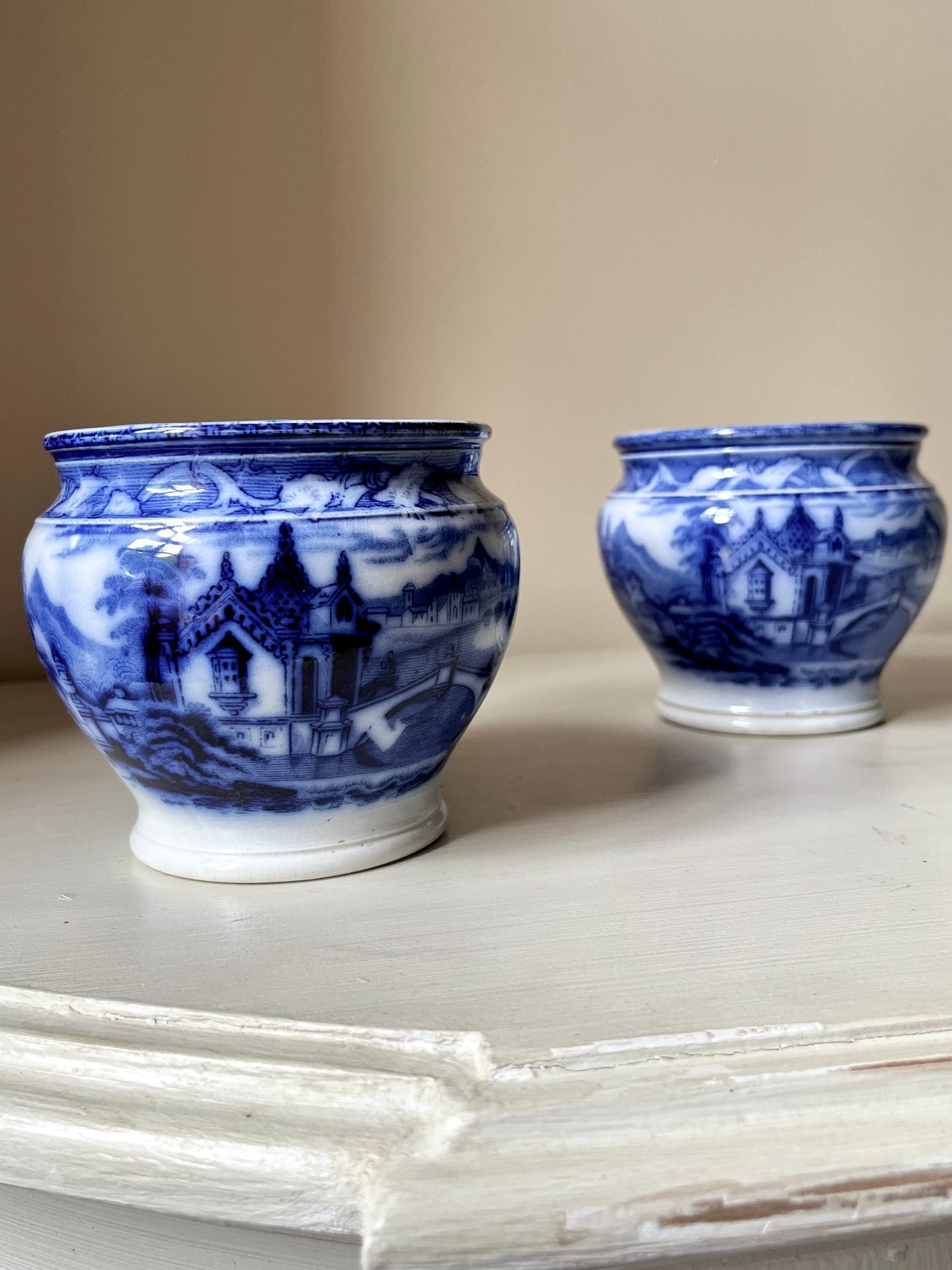 Pair of Antique-Style Blue & White Chinoiserie Cache Pots