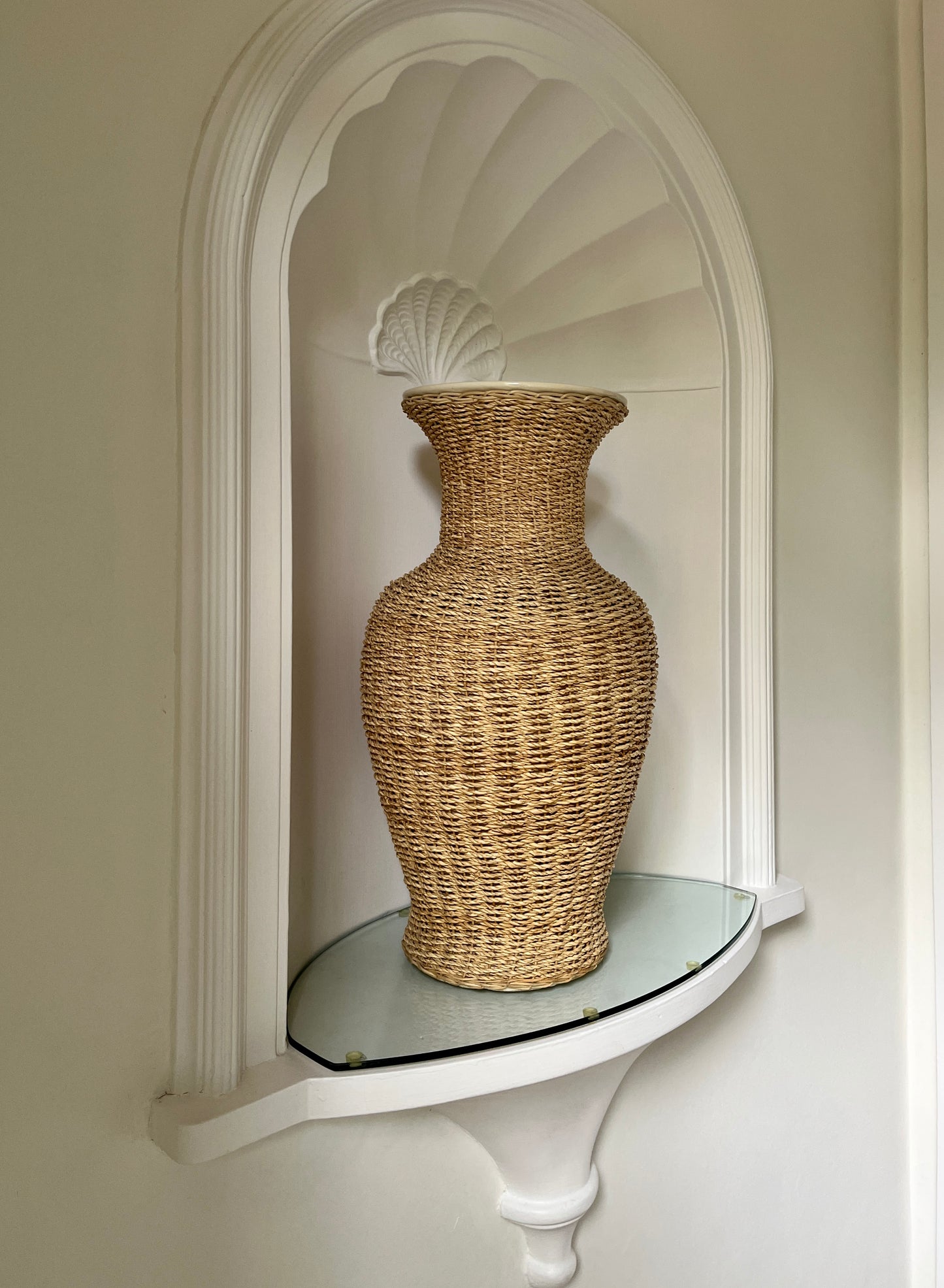 Large Handwoven Rattan & Glazed Pottery Floor Vase – 59cm