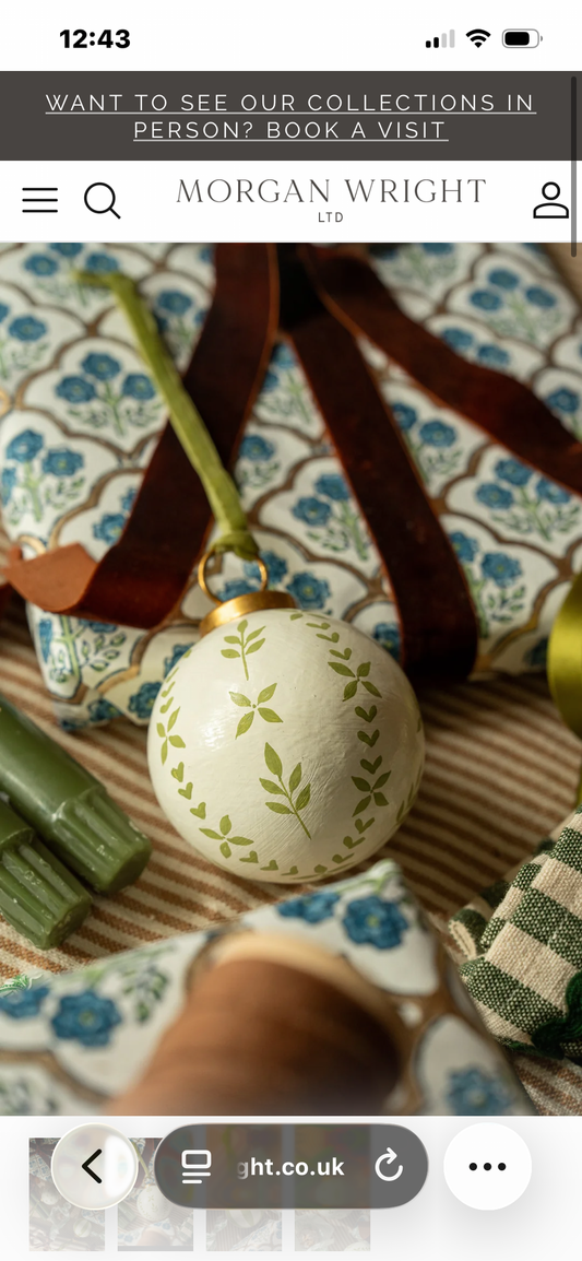 Set of 3 Artisan Handpainted Apple and chalky white Christmas Baubles with Velvet Ribbon.