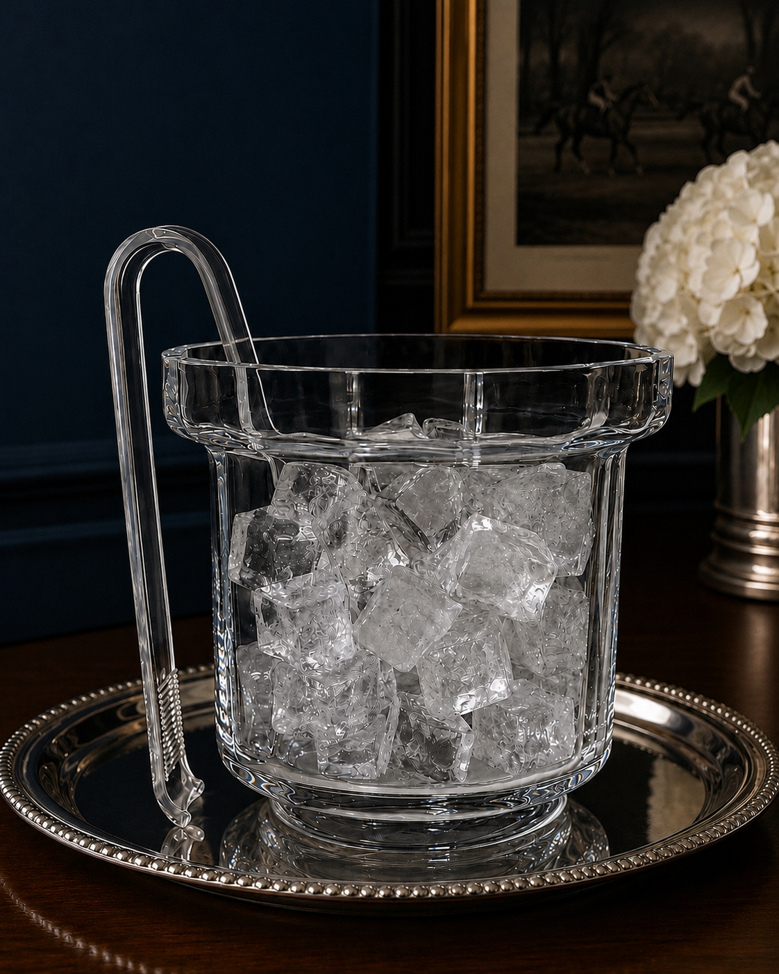Dartington Crystal ‘Shuggy Bar’ Ice Bucket by Frank Thrower – Original Italian Guzzini Tongs – 1980s