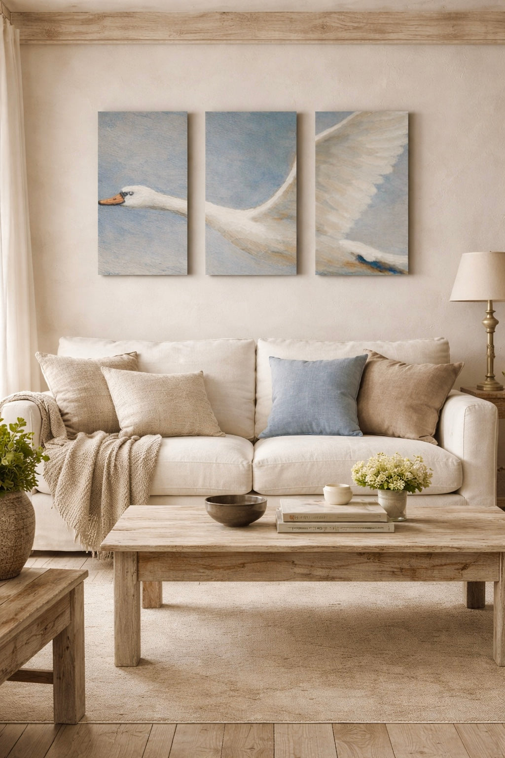 Flying Swan Triptych Trio of Wall Canvases