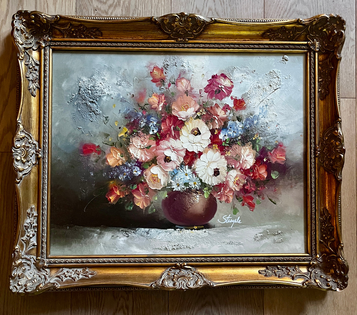 Ornate Still Life Oil Painting of Vase of Flowers Signed Stemple - in ornate gilt frame