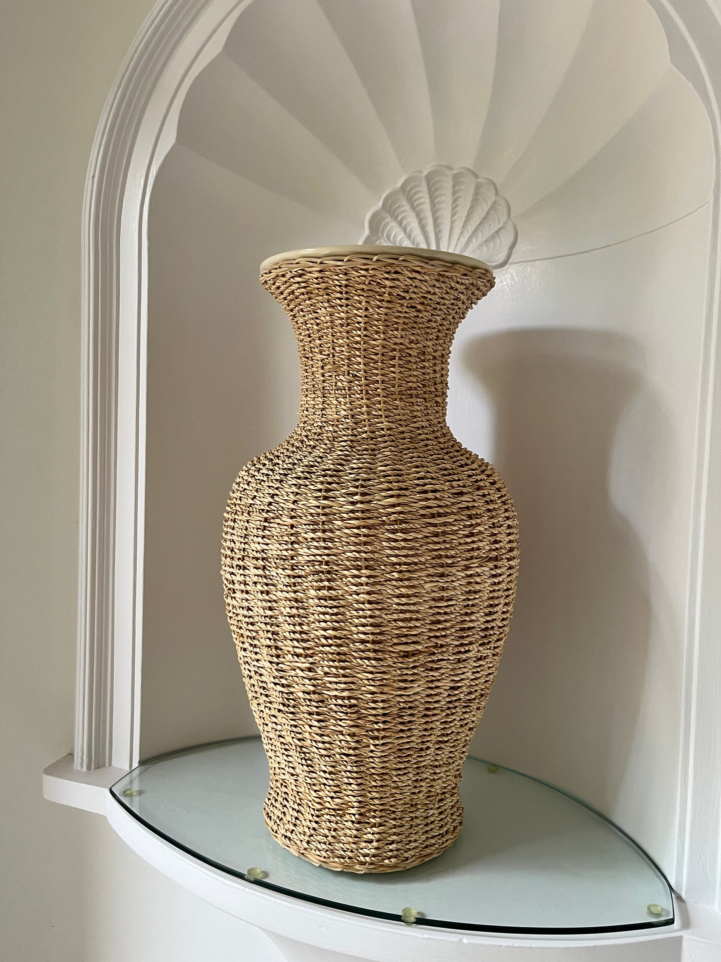 Large Handwoven Rattan & Glazed Pottery Floor Vase – 59cm