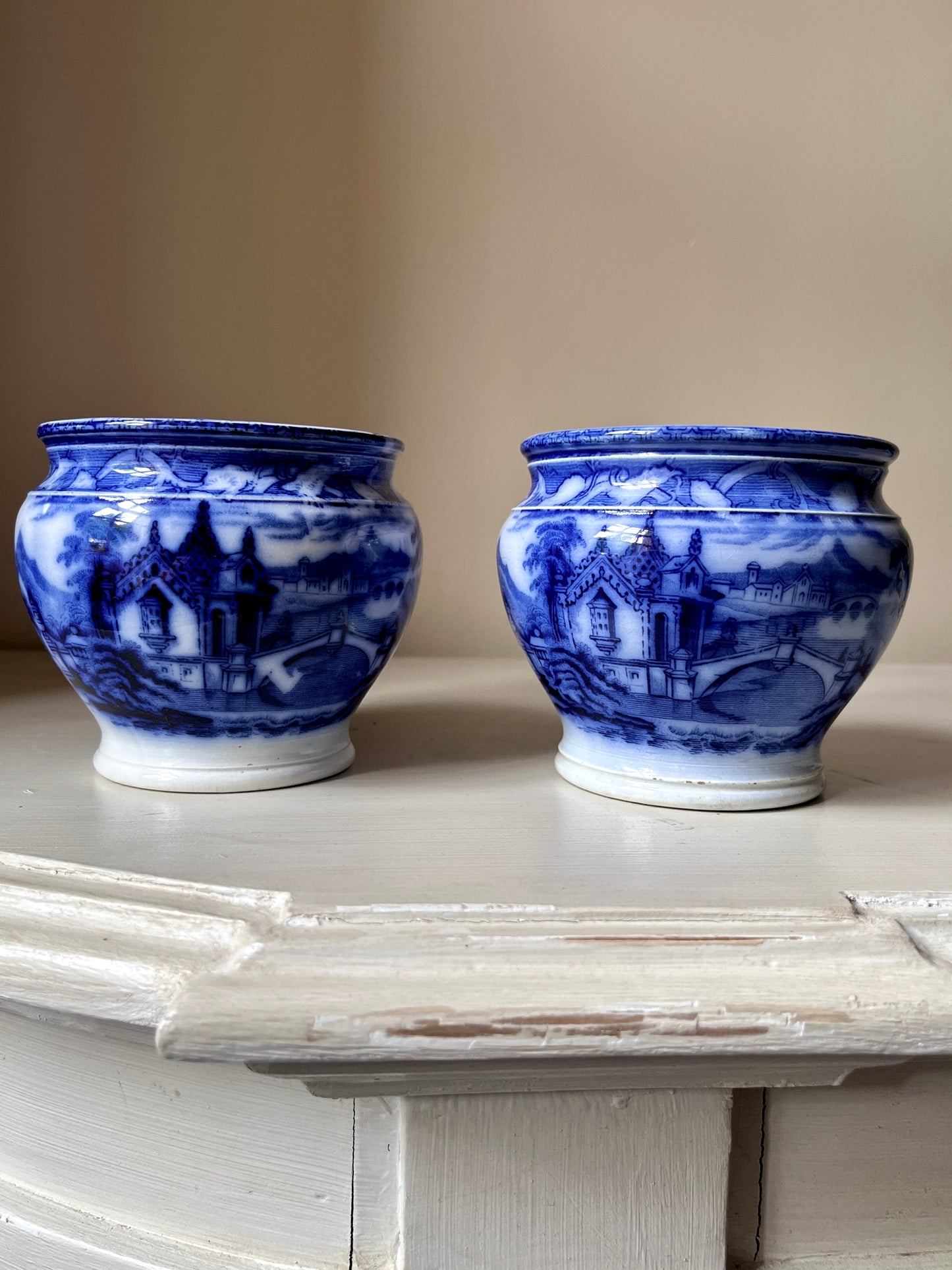 Pair of Antique-Style Blue & White Chinoiserie Cache Pots