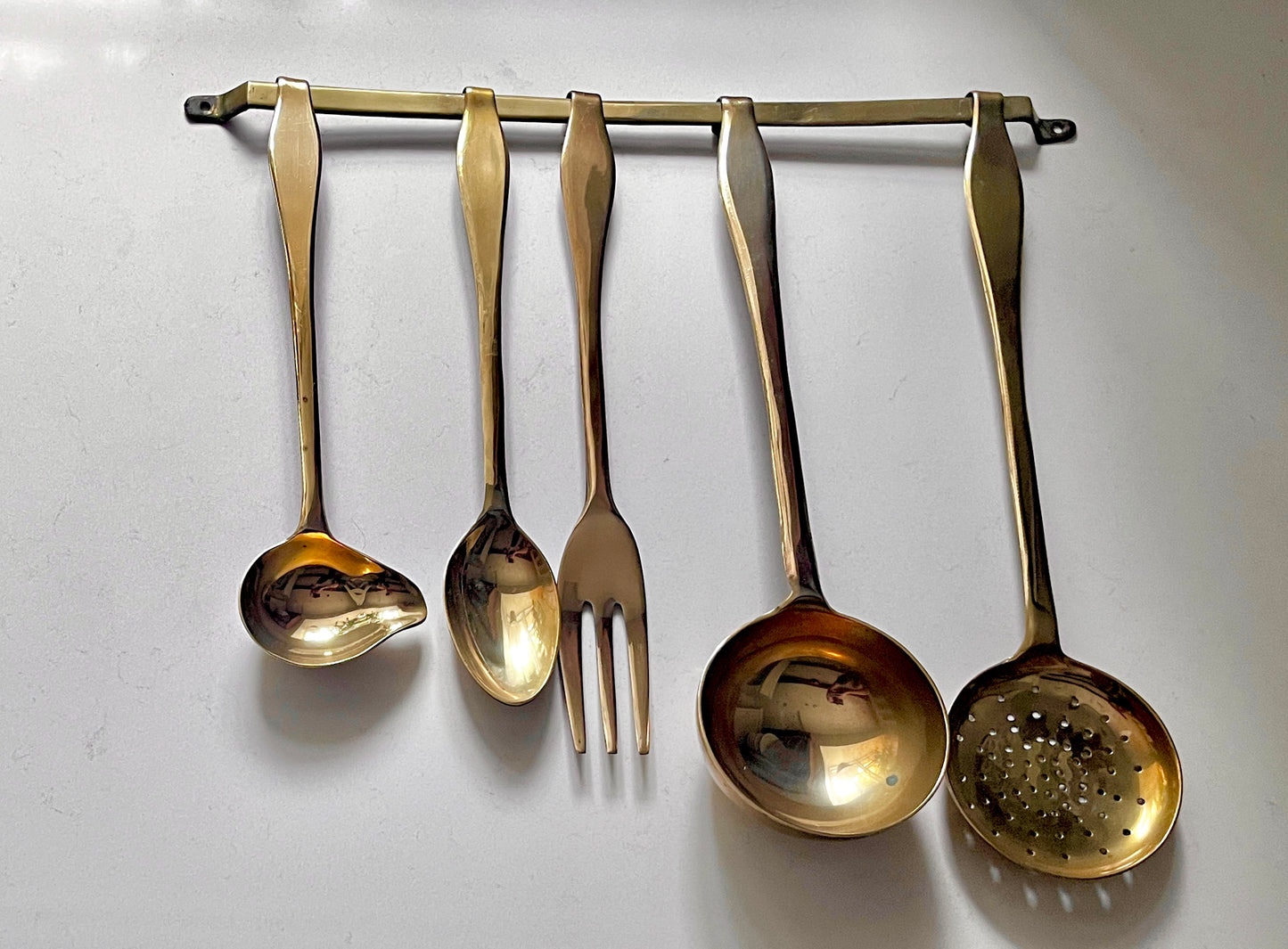 Vintage Solid Brass Hanging Kitchen Utensil Set with Rail