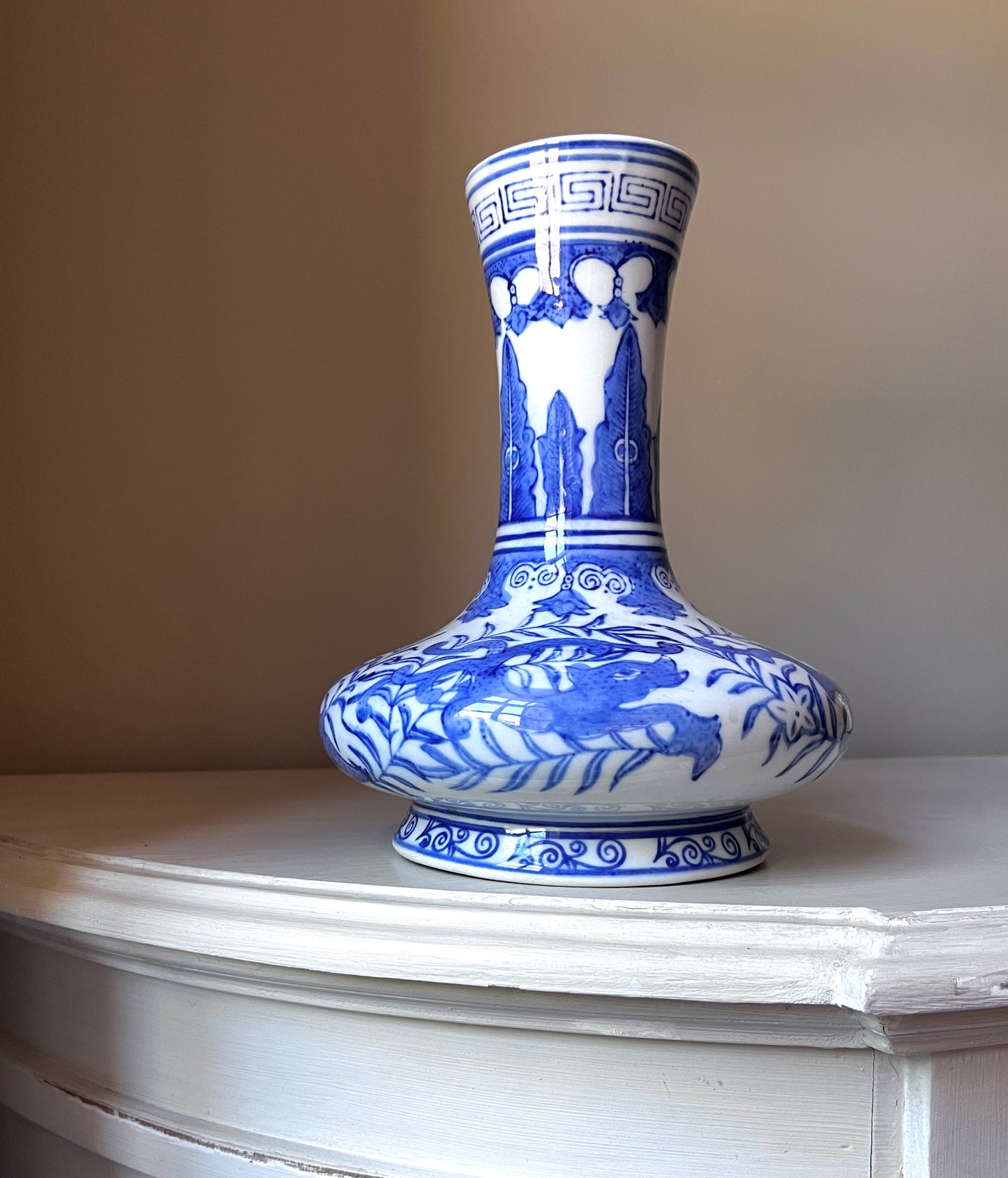 Vintage Chinese Blue & White Phoenix Bottle Vase – 24 cm