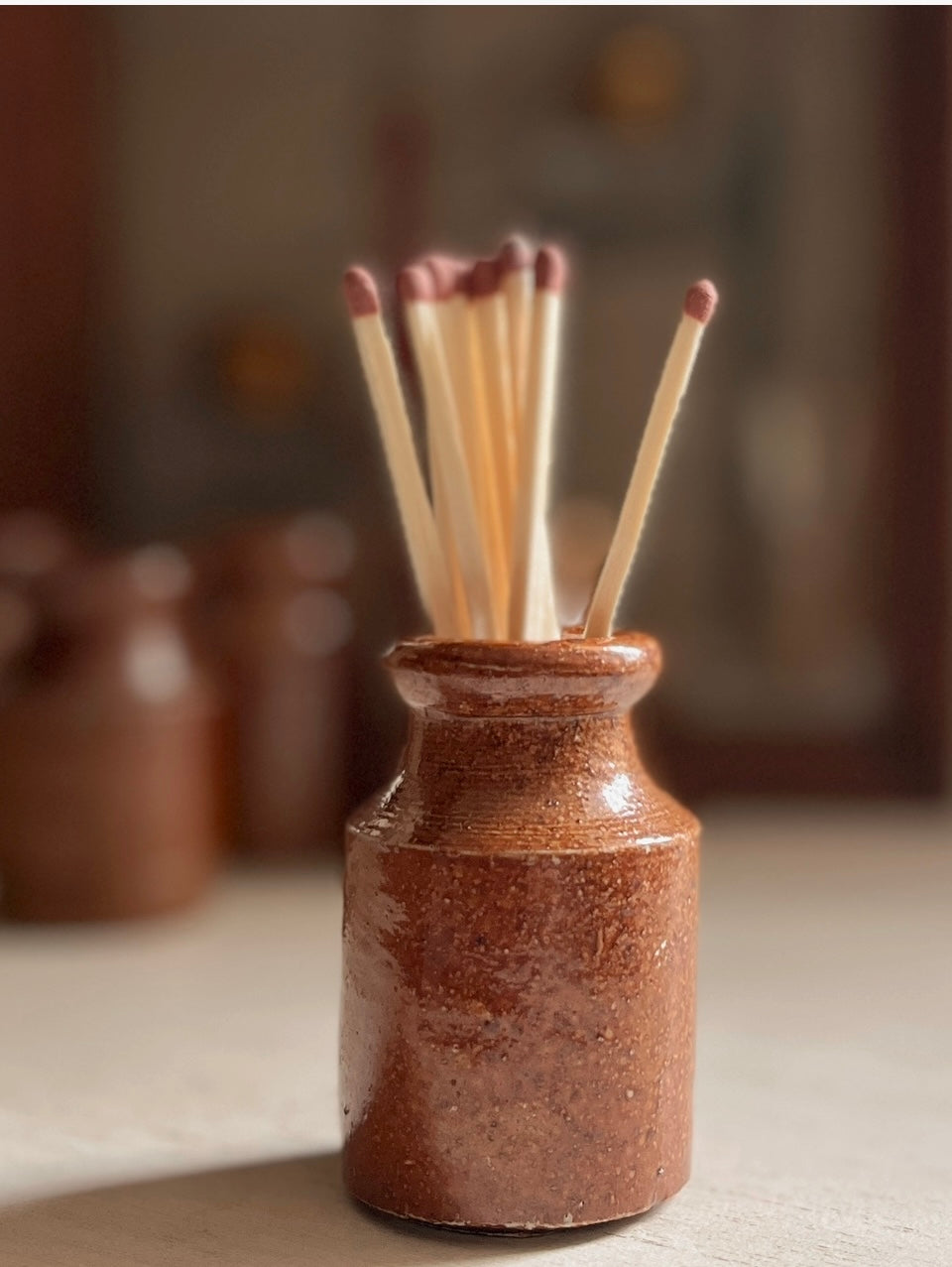 Antique Brown Glazed Ink Bottle Match Holder