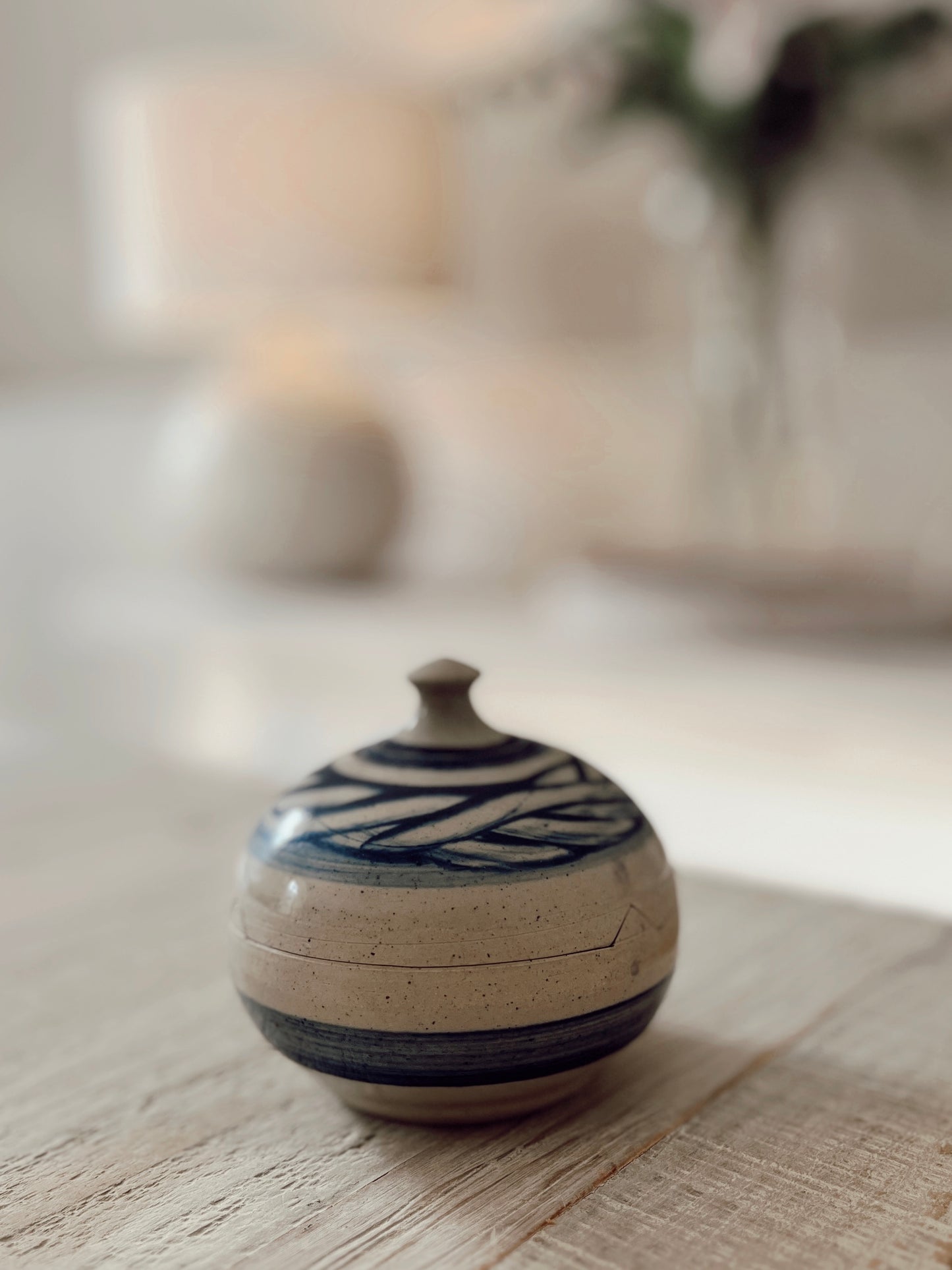 Hand Thrown Blue and Oatmel Glazed Lidded Pot with notches