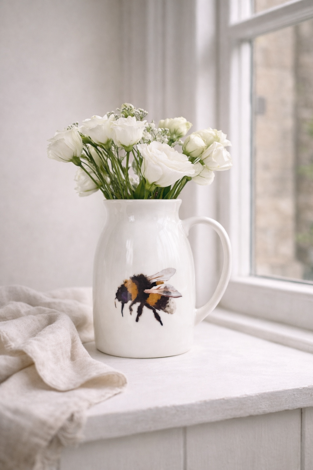 White ceramic milk jug vase with Bumble Bee by Lucy Melrose