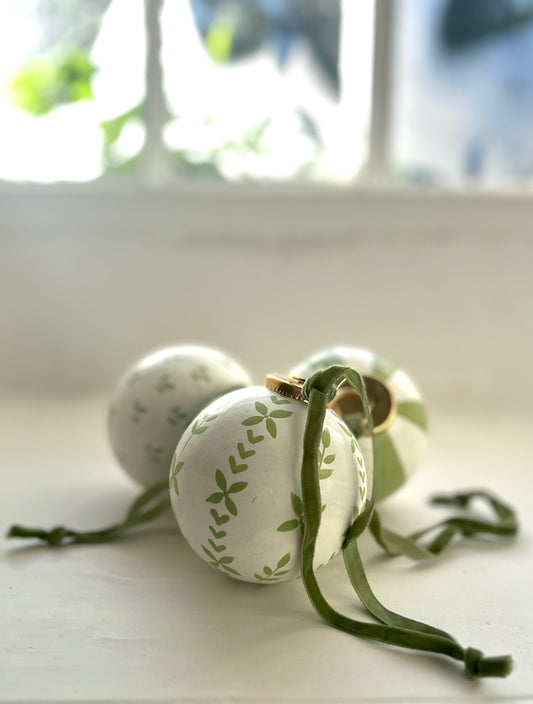 Set of 3 Artisan Handpainted Apple and chalky white Christmas Baubles with Velvet Ribbon.