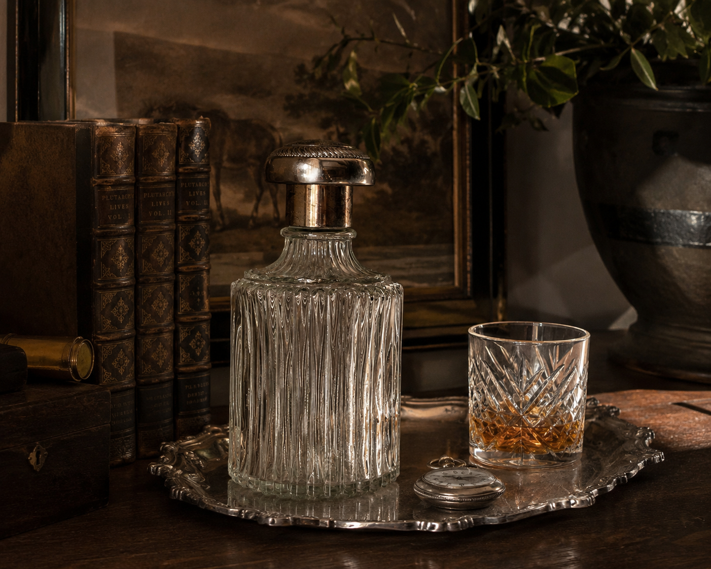 A stunning vintage cut glass decanter with ornate silver plated stopper RESERVED