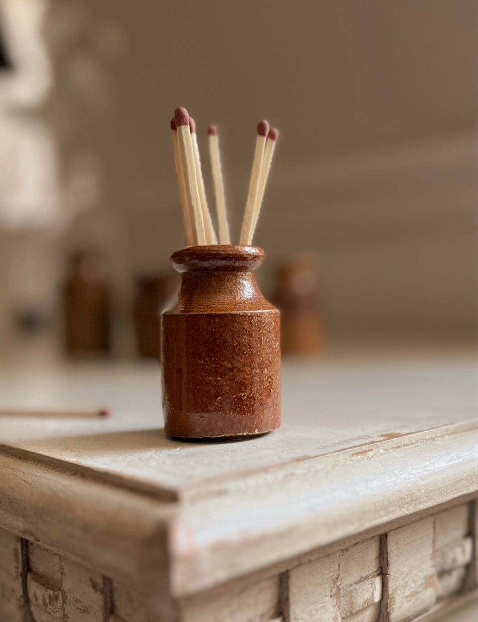 Antique Brown Glazed Ink Bottle Match Holder